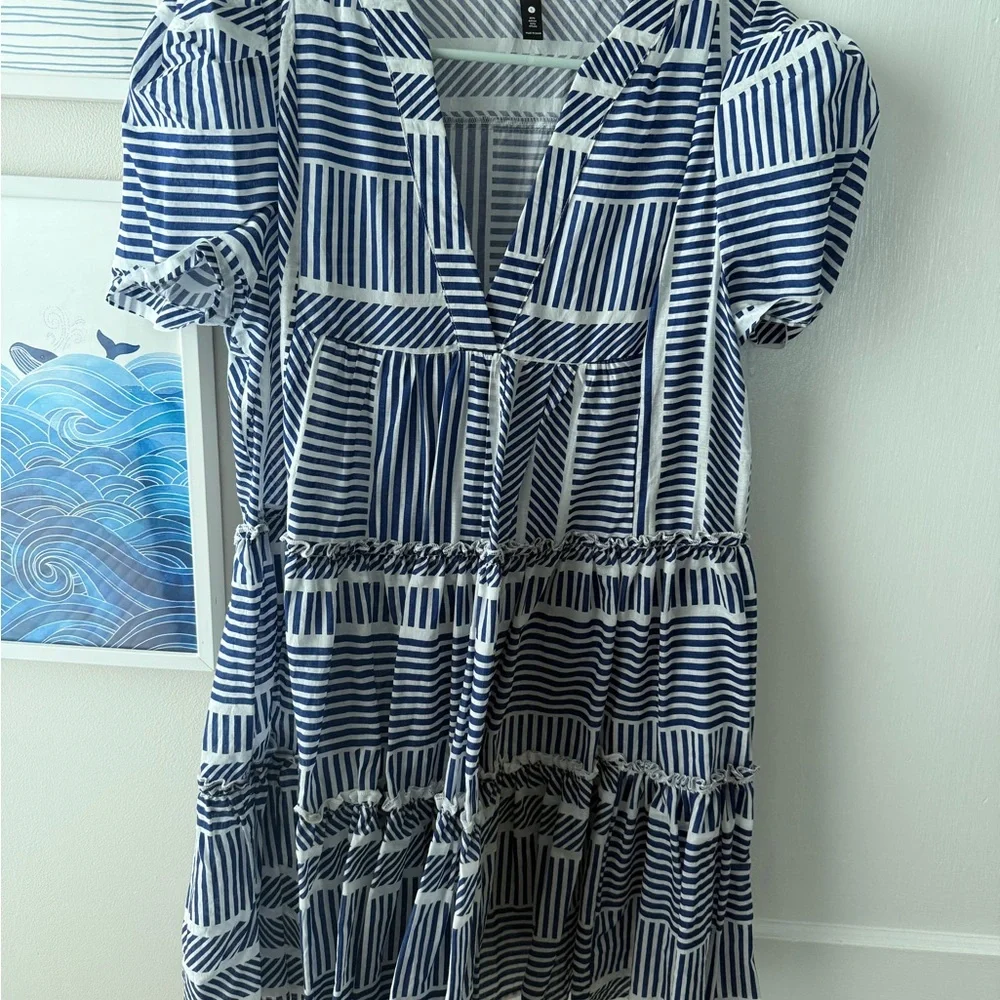 Aqua puff sleeve Striped Blue and White Mini Dress - Picture 2 of 4